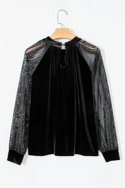 Solid Velvet Patchwork Sheer Lace Long Sleeve Blouse