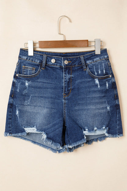 Distressed Denim Asymmetric Raw Hem Shorts