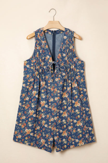 Floral Denim Bow Tie V-Neck Romper