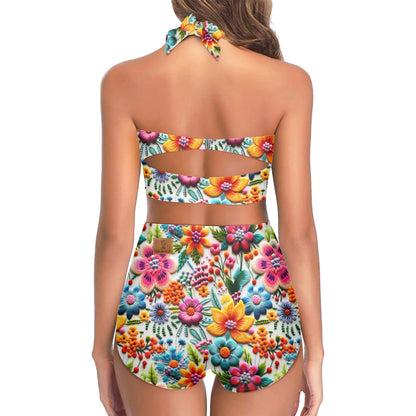 Embroidered Vibrant Floral Halter Neck Bikini Swimsuit