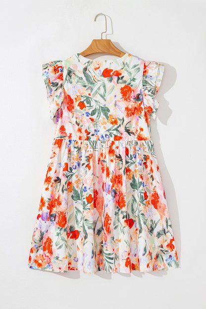 Floral Double Ruffle Sleeve V-Neck Mini Dress