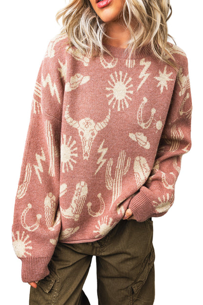 Western Drop Shoulder Long Sleeve Sweater