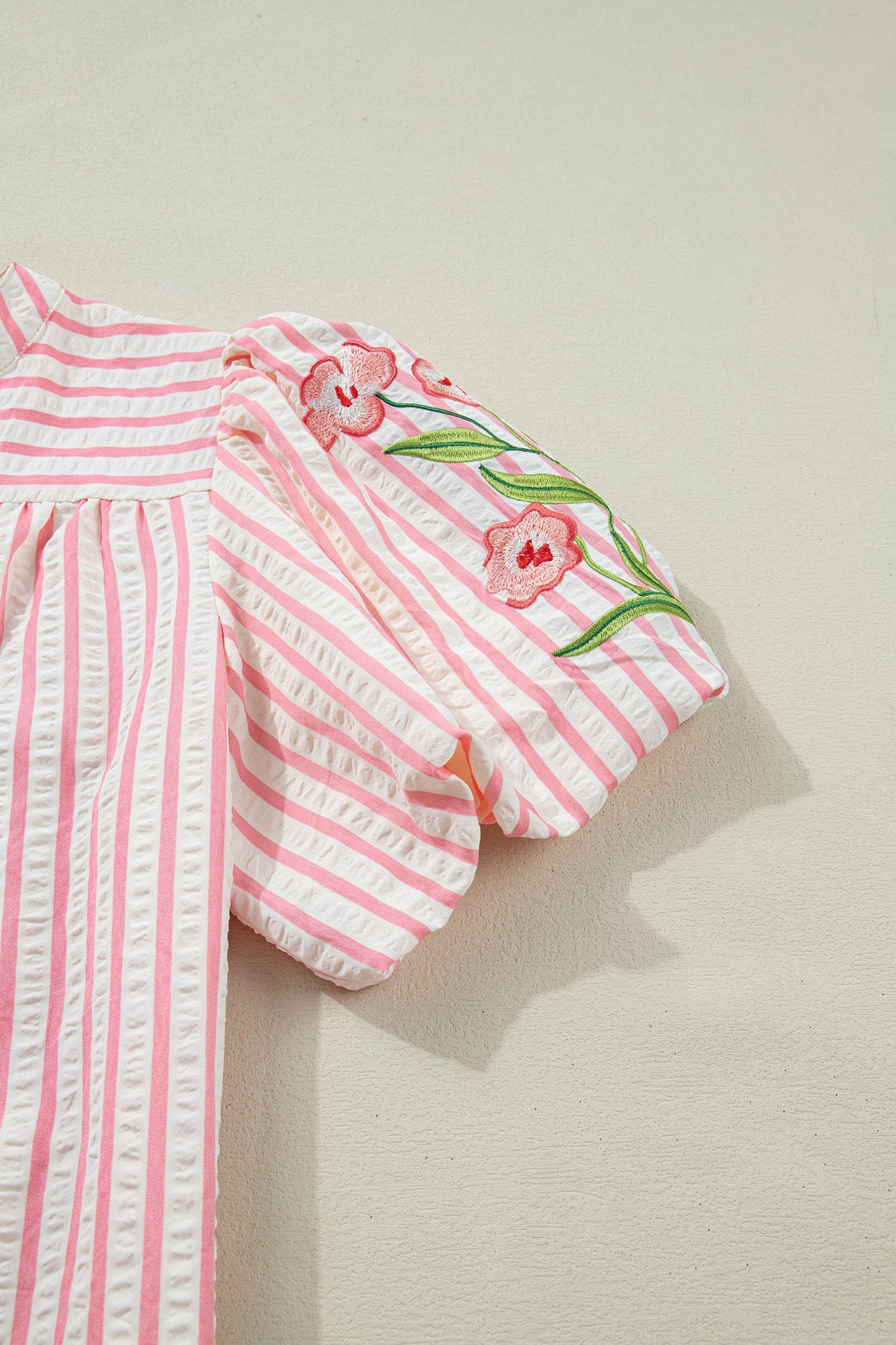 Floral Stripe Embroidered Puff Sleeve V-Neck Blouse