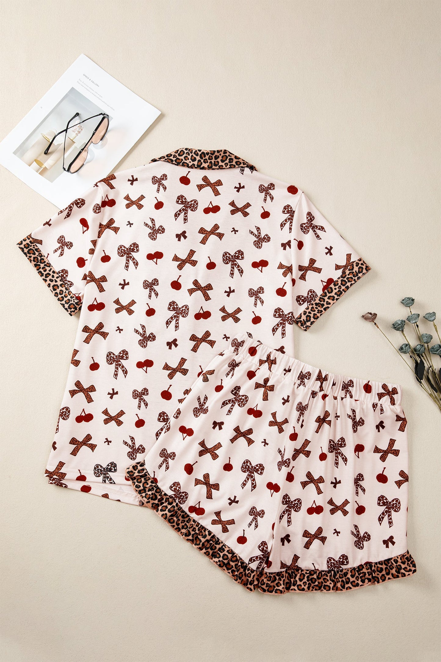 Leopard Cherry Bow Patchwork Shirt & Shorts Pajama Set