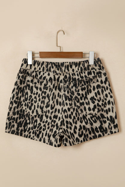 Leopard Denim Drawstring Elastic Waist Shorts