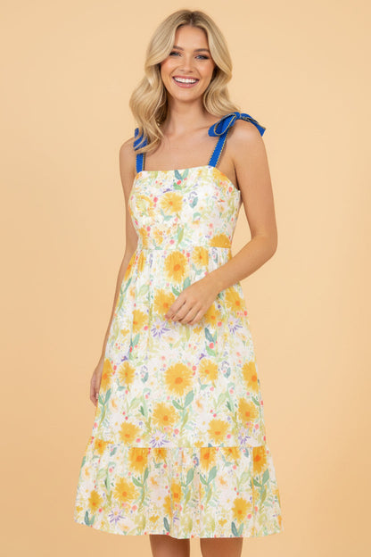 Floral Denim Tie Strap High Waist Maxi Dress
