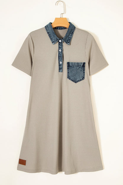 Denim Patchwork Ribbed Knit Polo Collar Dress