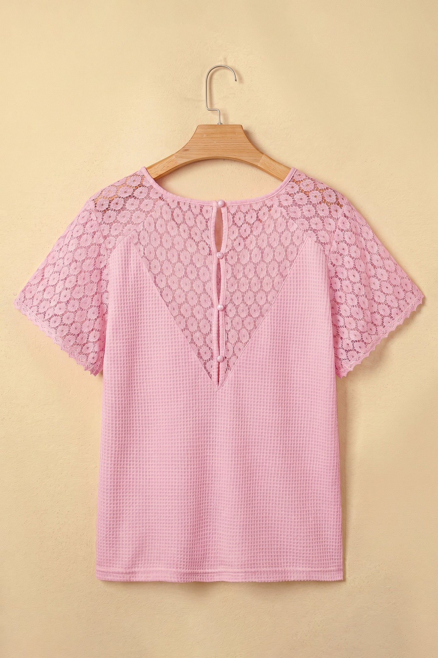 Lace Patchwork Buttoned Cutout Waffle Knit Blouse