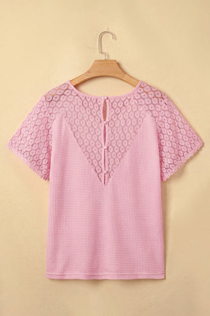 Lace Patchwork Buttoned Cutout Waffle Knit Blouse