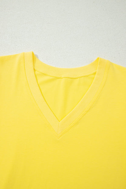 Solid V-Neck Short Puff Sleeve Blouse