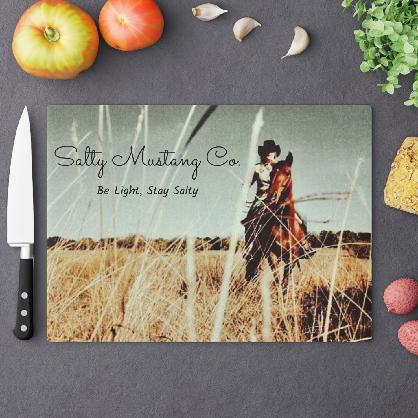 Cowgirl Salty Mustang Co. Glass Cutting Board