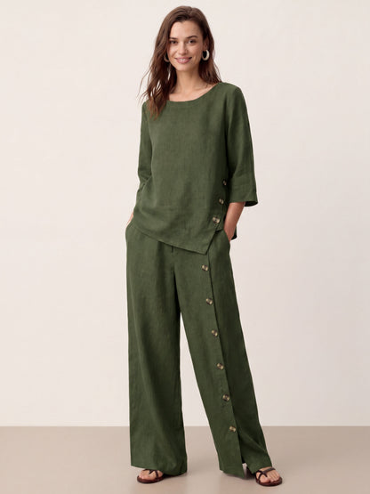 100% Linen Buttoned Slit-Hem Pants KATYA