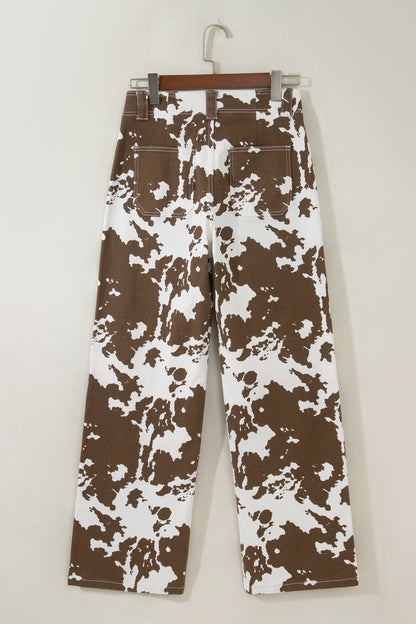 Western Cow Print High Waist Straight Leg Jeans