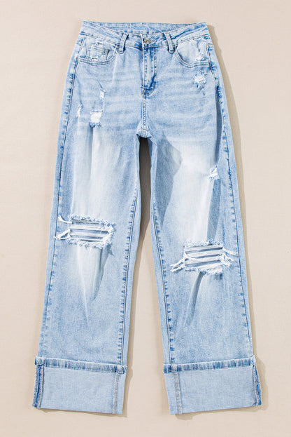 Distressed Denim Light Wash Straight Leg Jeans