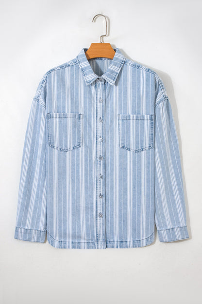Stripe Denim Chest Pocket Boyfriend Shacket