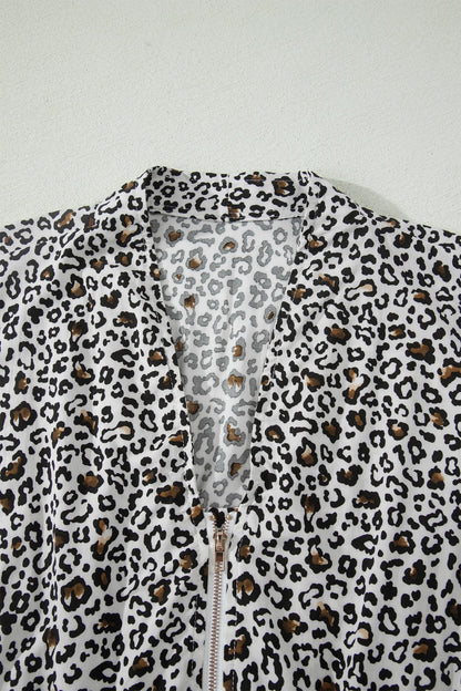 Leopard Zip Up V-Neck Cinched Waist Maxi Dress