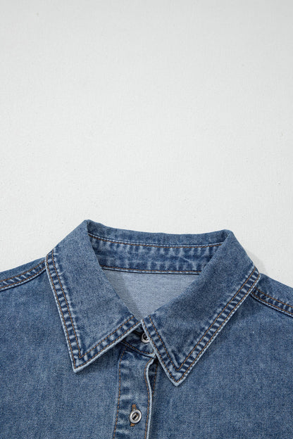 Denim Buttoned Flap Pocket Cuffed Short Sleeve Shirt
