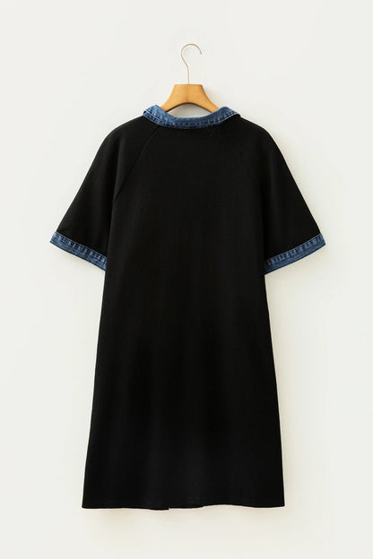 Plus Size Denim Colorblock Polo Collar Mini Dress