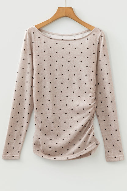Polka Dot Boat Neck Long Sleeve Ruched T-Shirt