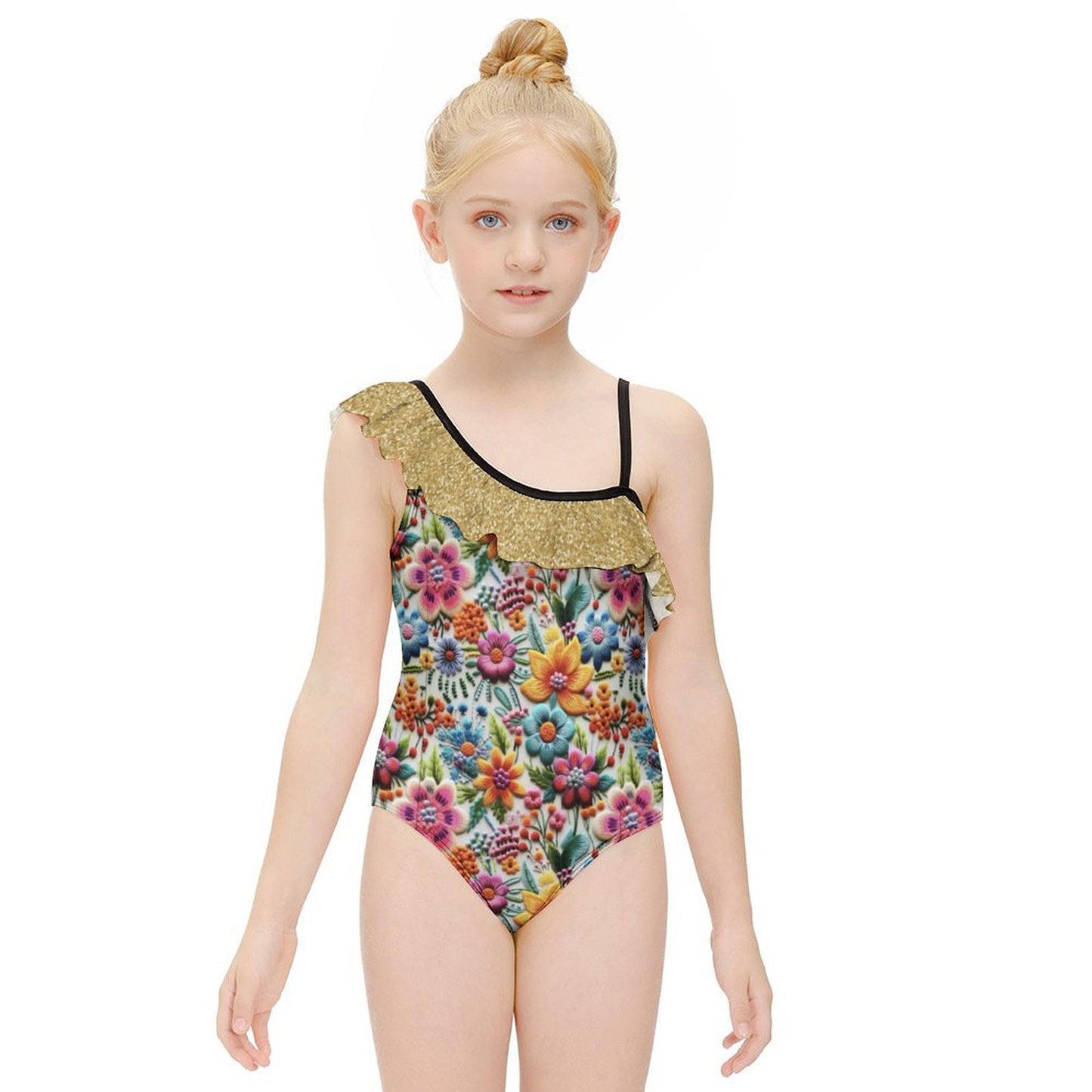 Floral Embroidery and Glitter Print (not actual glitter, glitter print) Design Flounce One-Piece Swimsuit for Girls