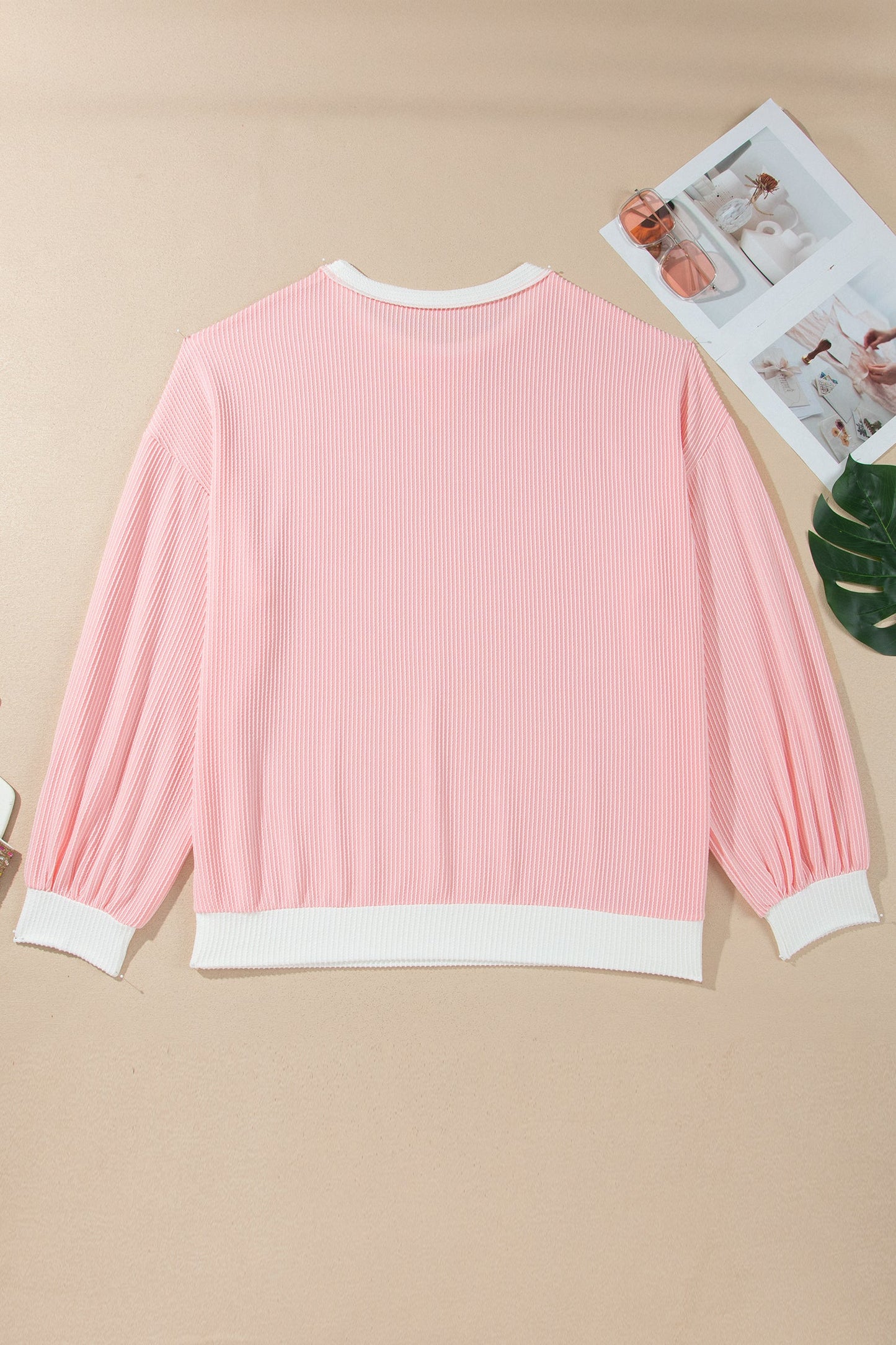Plus Size Colorblock Ribbed Knit Long Sleeve Blouse