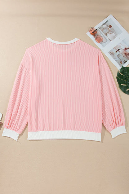 Plus Size Colorblock Ribbed Knit Long Sleeve Blouse