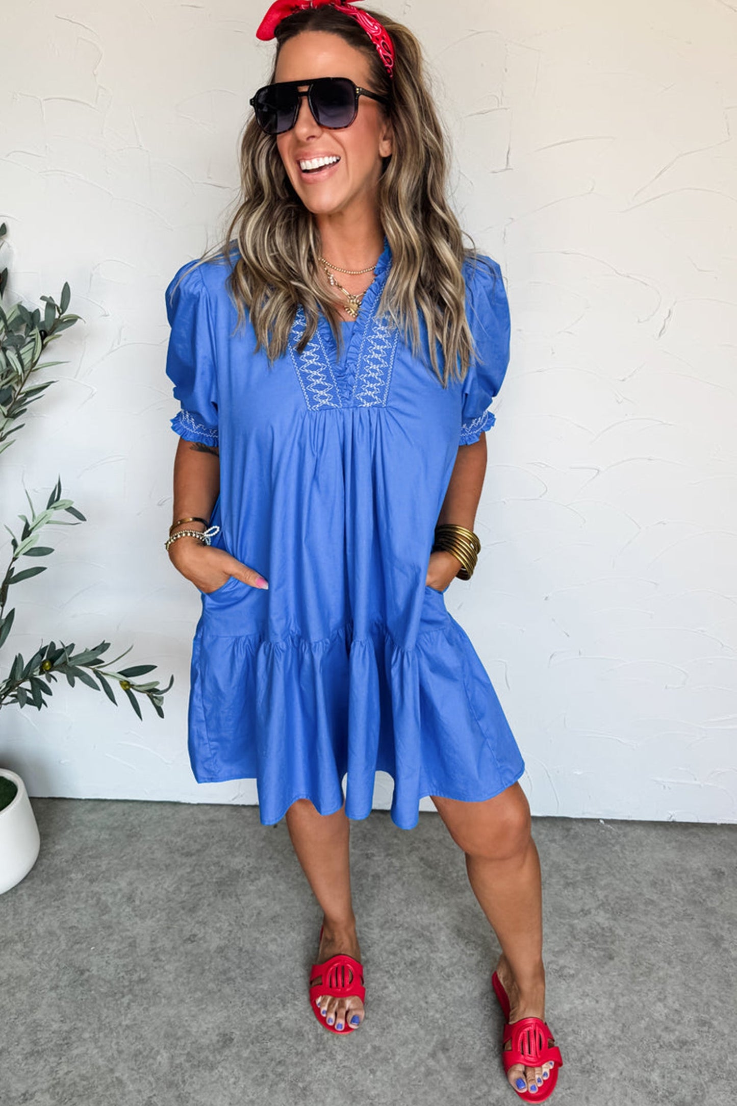 Embroidered Smocked V-Neck Puff Sleeve Mini Dress