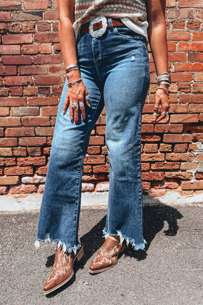 Denim High Waist Frayed Hem Flare Jeans