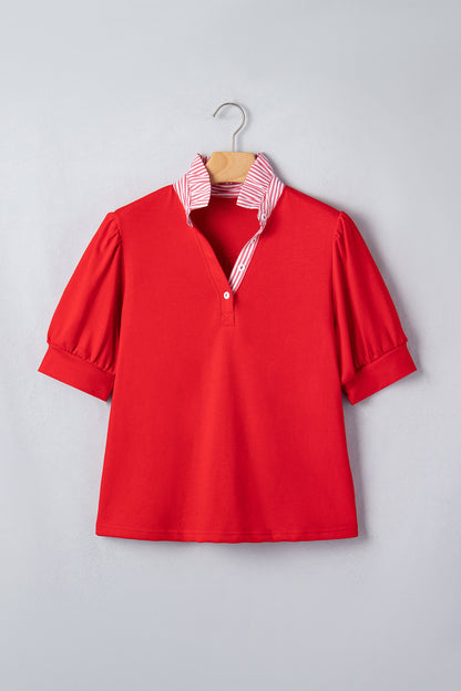 Stripe Frilled Collar Short Sleeve Blouse