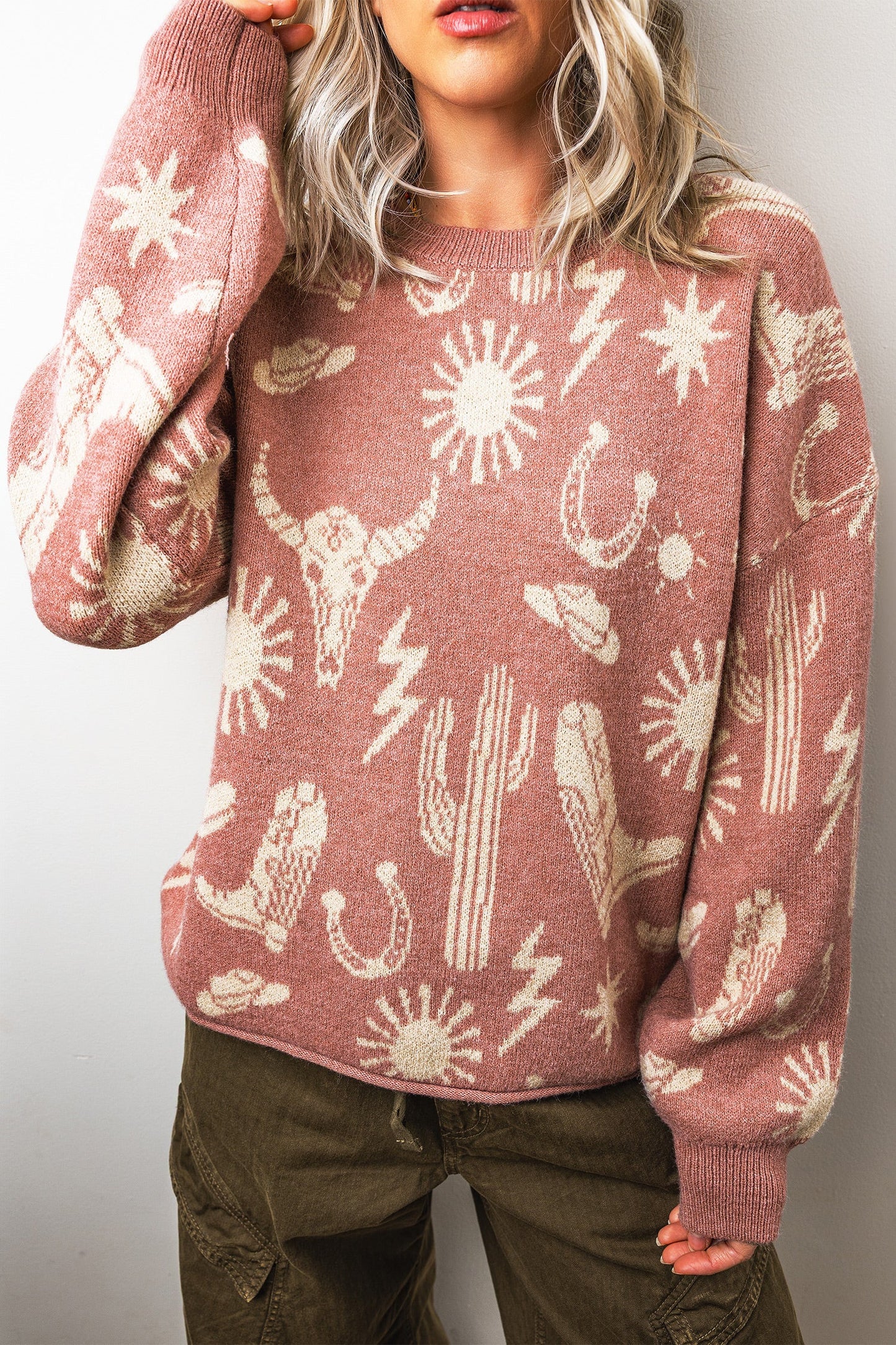 Western Drop Shoulder Long Sleeve Sweater