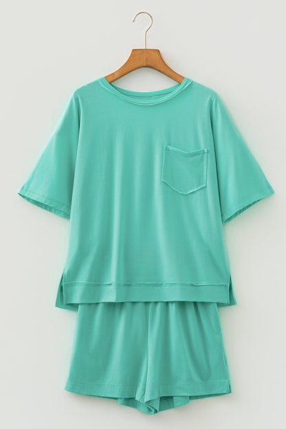 Oversized Raw Edge Patch Pocket Top & Shorts Set