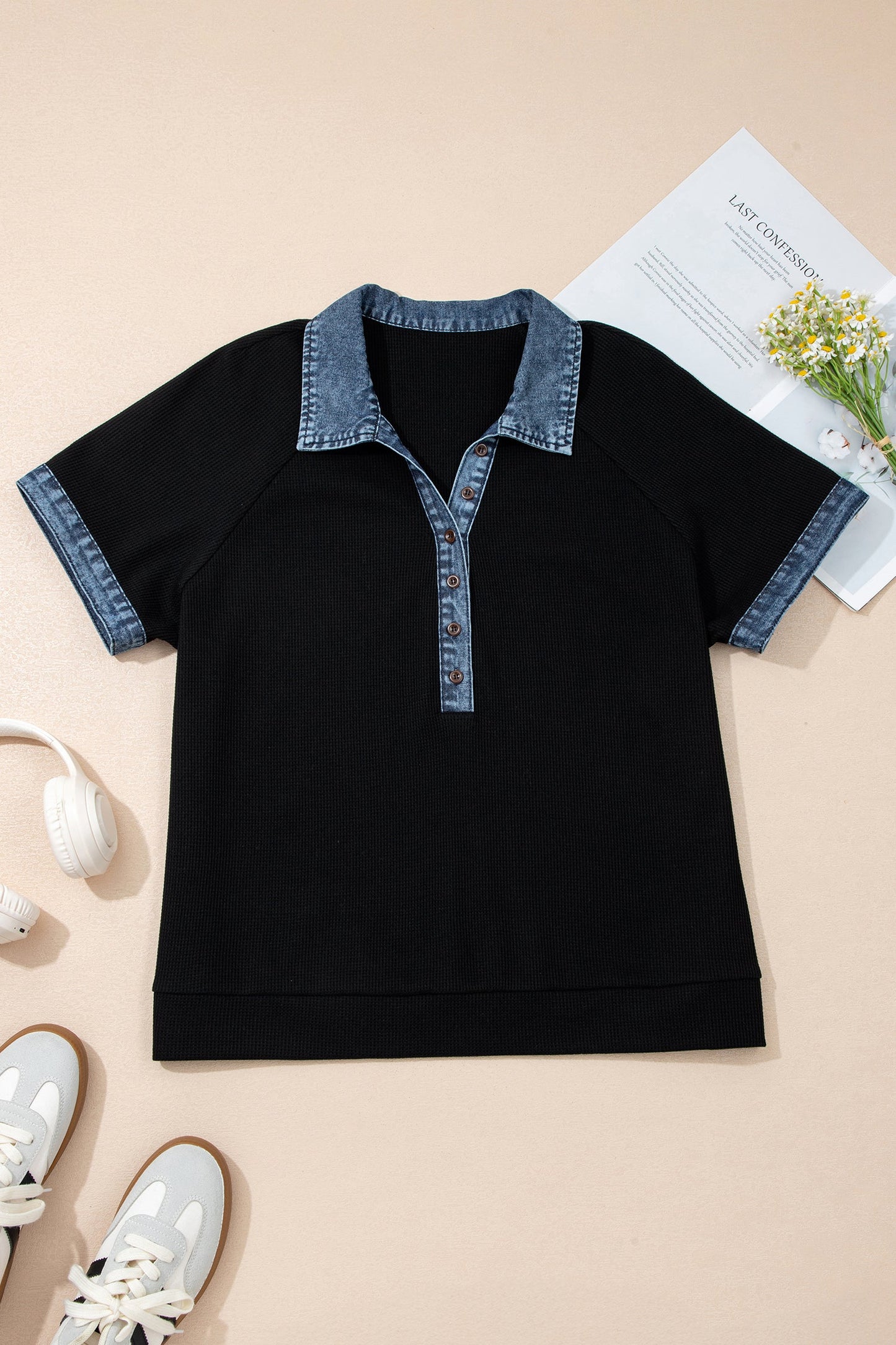 Plus Size Denim Patchwork Waffle Knit Polo Tee