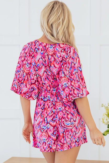 Abstract Puff Sleeve V-Neck High Waist Romper