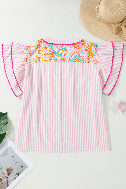 Plus Size Geometric Stripe Contrast Trim V-Neck Blouse