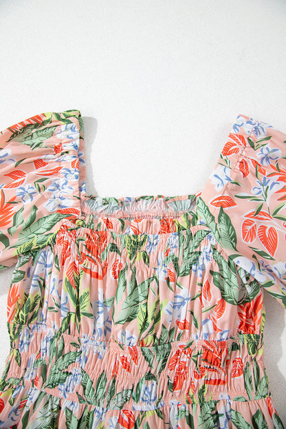Floral Smocked Bust Bubble Sleeve Maxi Dress