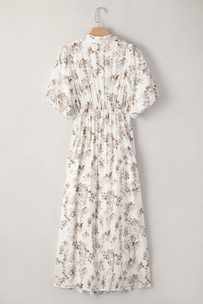 Floral Puff Sleeve V-Neck Buttoned Front Dress