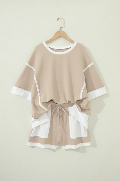 Colorblock Raw Edge Oversize Tee & Shorts Set