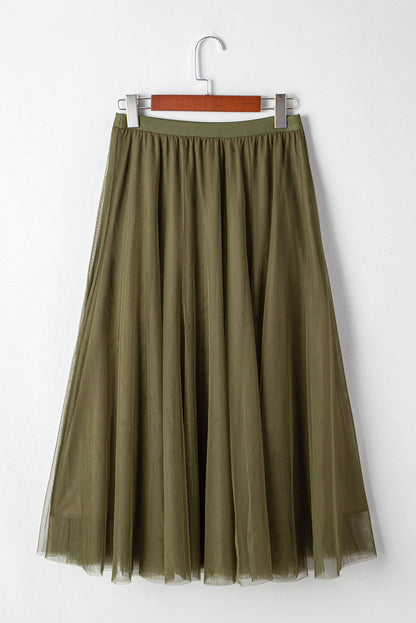 Solid Tulle Mesh Overlay Flared Midi Skirt