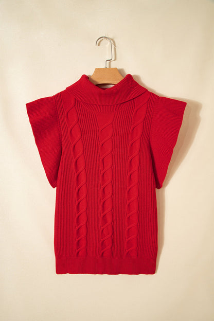 Cable Knit Turtleneck Ruffle Short Sleeve Sweater