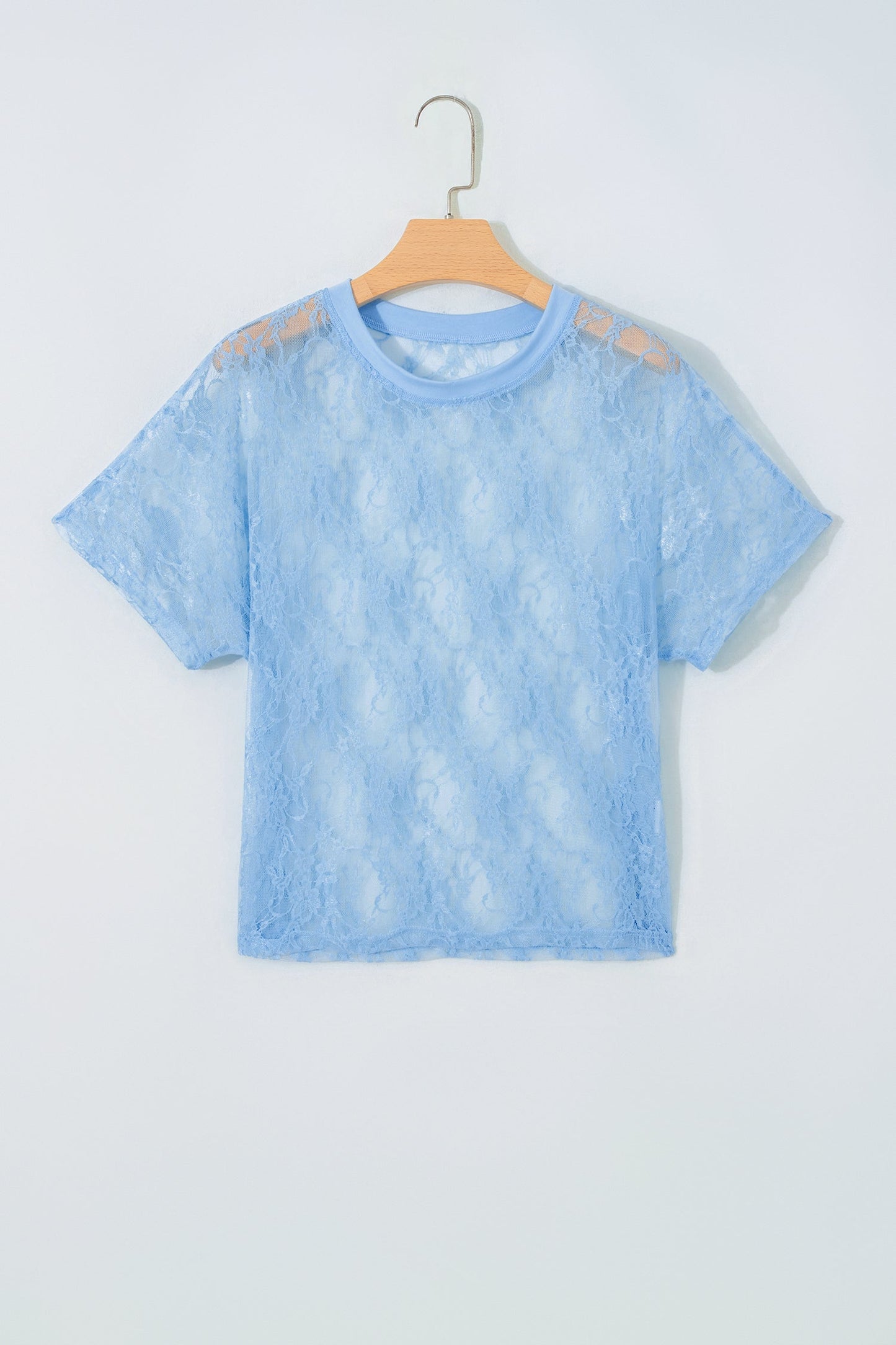 Solid Sheer Lace Short Sleeve Boxy Tee