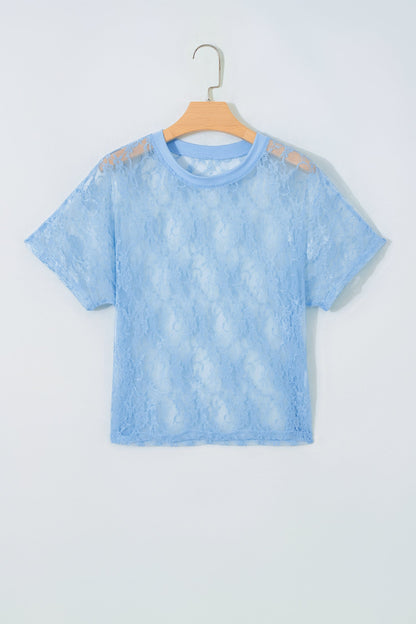 Solid Sheer Lace Short Sleeve Boxy Tee