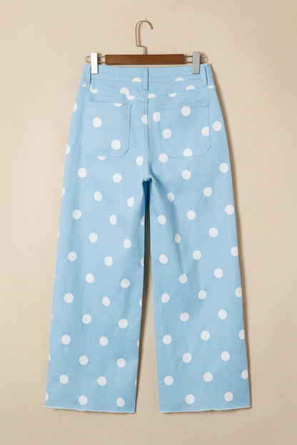 Polka Dot Denim Raw Hem High Waist Jeans