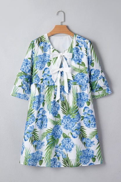 Floral Palm Ruffle Tiered Sleeve Mini Dress
