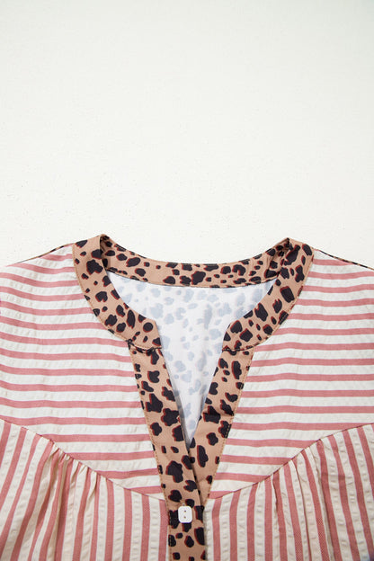 Stripe Leopard Trim 3/4 Sleeve Shirt Dress