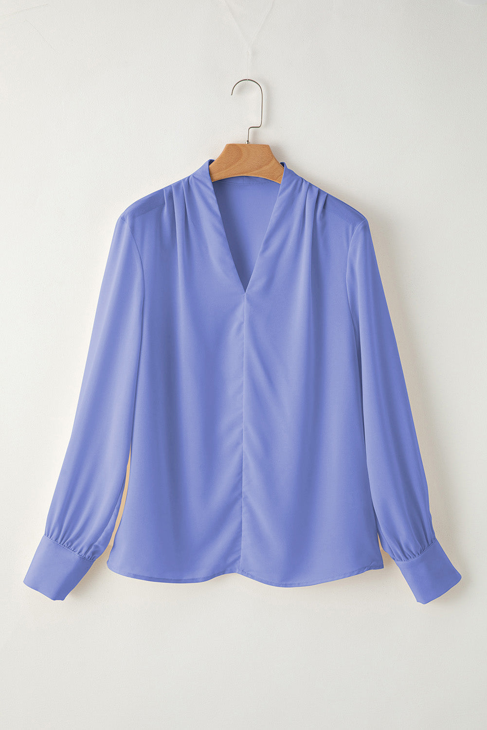 Solid Pleated V-Neck Long Sleeve Blouse