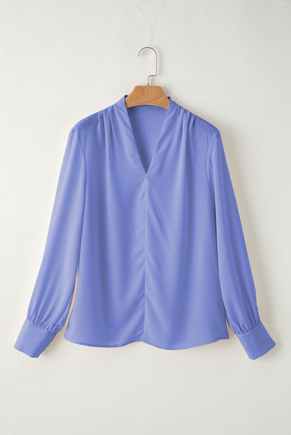 Solid Pleated V-Neck Long Sleeve Blouse