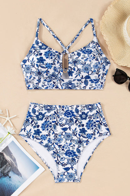Floral Notched Neck Top & High Waist Bikini Set