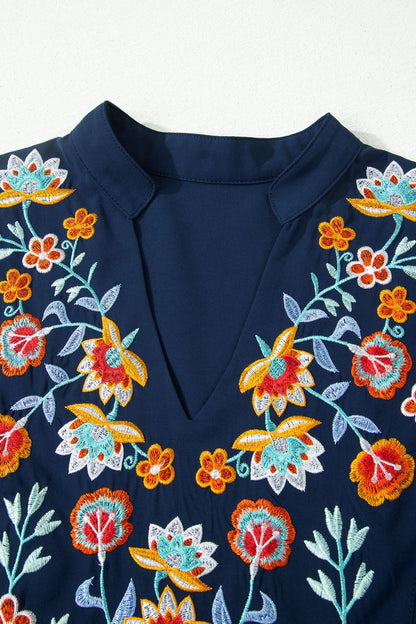 Floral Embroidered V-Neck Ruffle Sleeve Babydoll Blouse