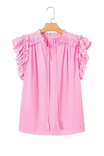 Plus Size Solid Ruffle Tassel Tie V-Neck Blouse
