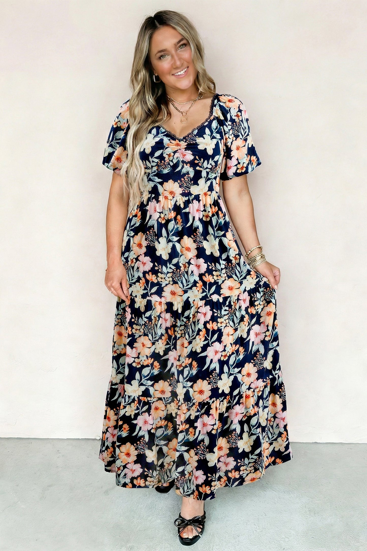 Floral Short Sleeve Smocked High Waist Maxi Dress